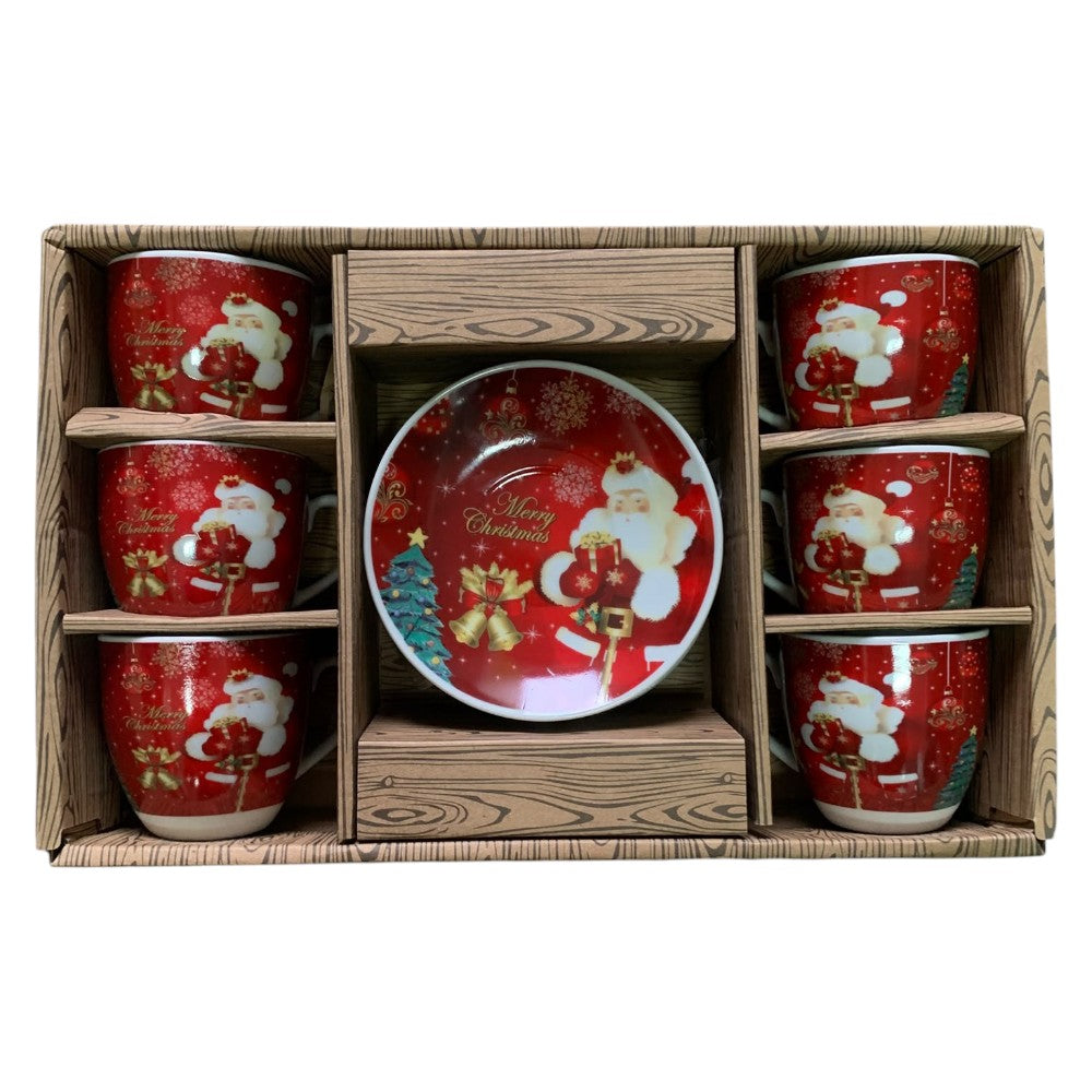 Set 6 Cesti Espresso si 6 Farfurioare, Model Craciun , Ceramica, Cutie Cadou,100 ml