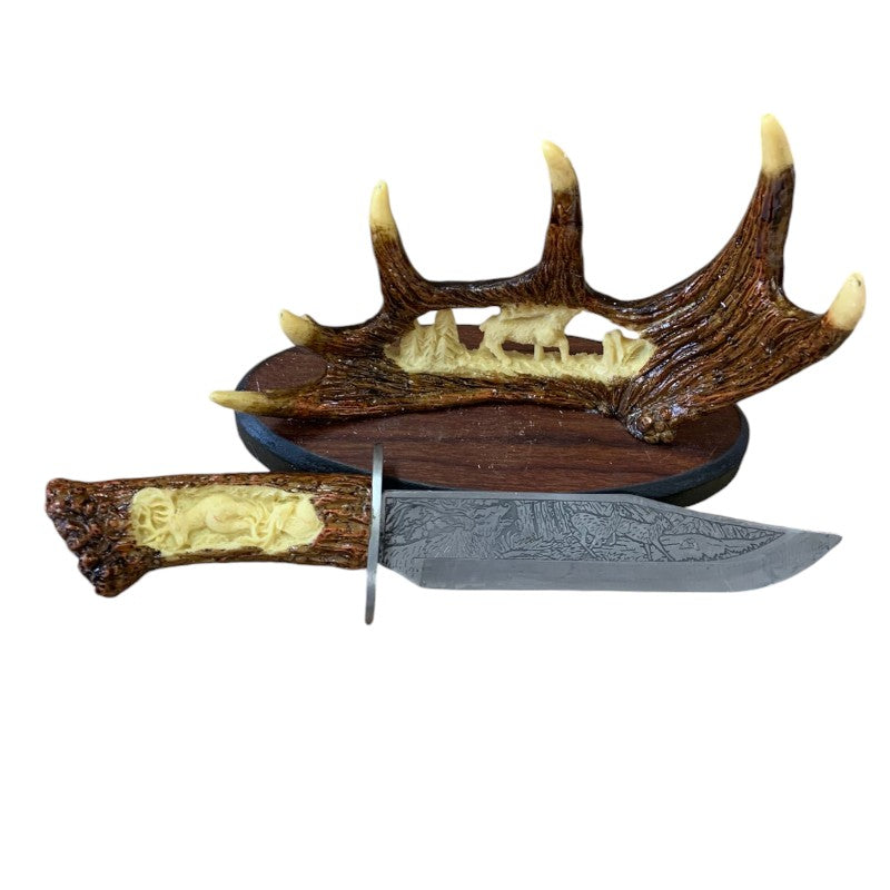 Cutit Vanatoare 22 cm cu suport sculptat 3D, Lama Gravata