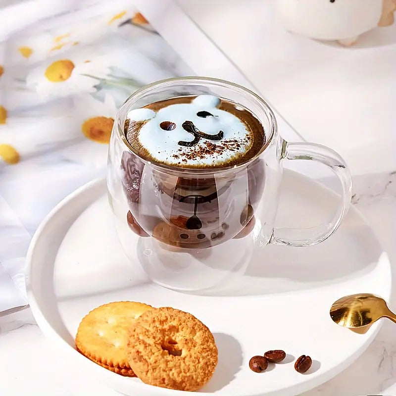 Set de 2 Cani Pereti Dubli, Sticla Termorezistenta, Model Ursulet, 260 ml