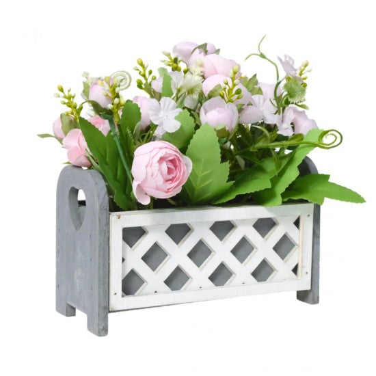 Aranjament artificial cu Trandafiri, in ghiveci din Lemn, Alb, 17x7x9 cm