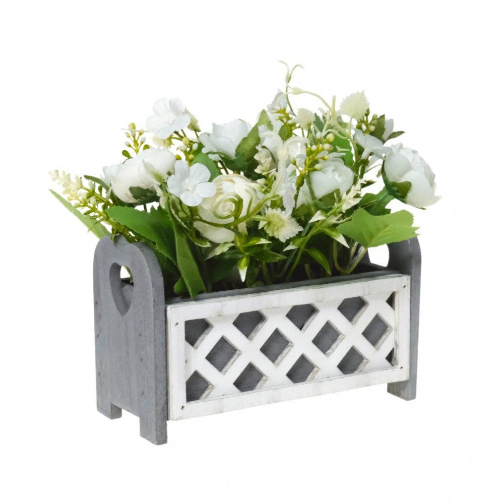 Aranjament artificial cu Trandafiri, in ghiveci din Lemn, Alb, 17x7x9 cm