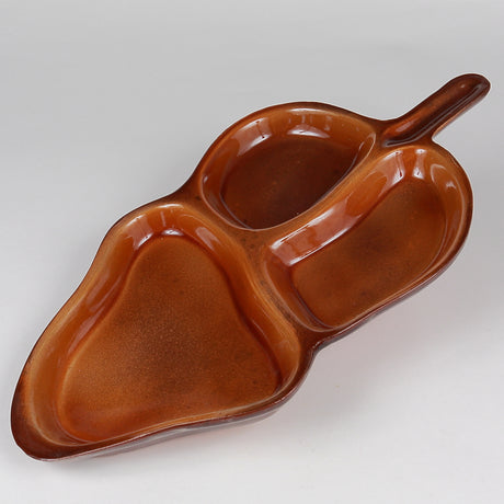 Platou din Ceramica cu 3 compartimente, Model Frunza, Maro, 50x25 cm