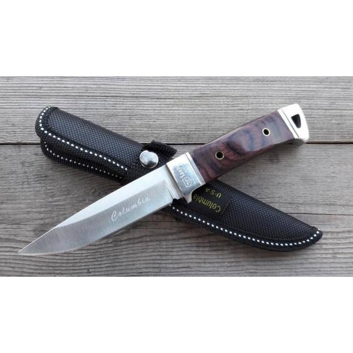 Cutit din Otel Inoxidabil , Maner din Lemn de Trandafir Rosu, cu Teaca Portabila, 19 cm, Lama 9.5 cm