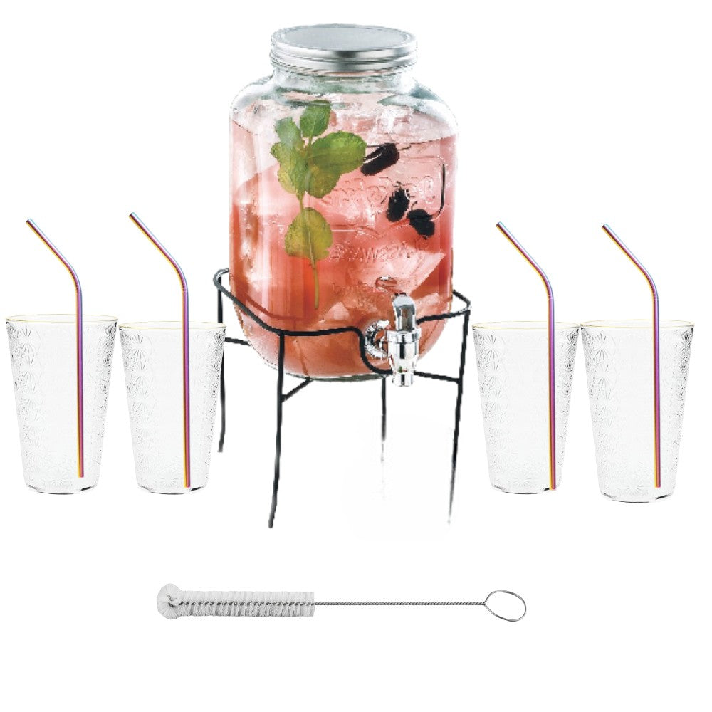 Borcan Dozator Bauturi cu Robinet, Capac si Suport Metalic , Dispenser Limonda si Sucuri, Sticla Transparenta, 4L + 4 Pahare Transparente 400 ml si 4 Paie Colorate Otel