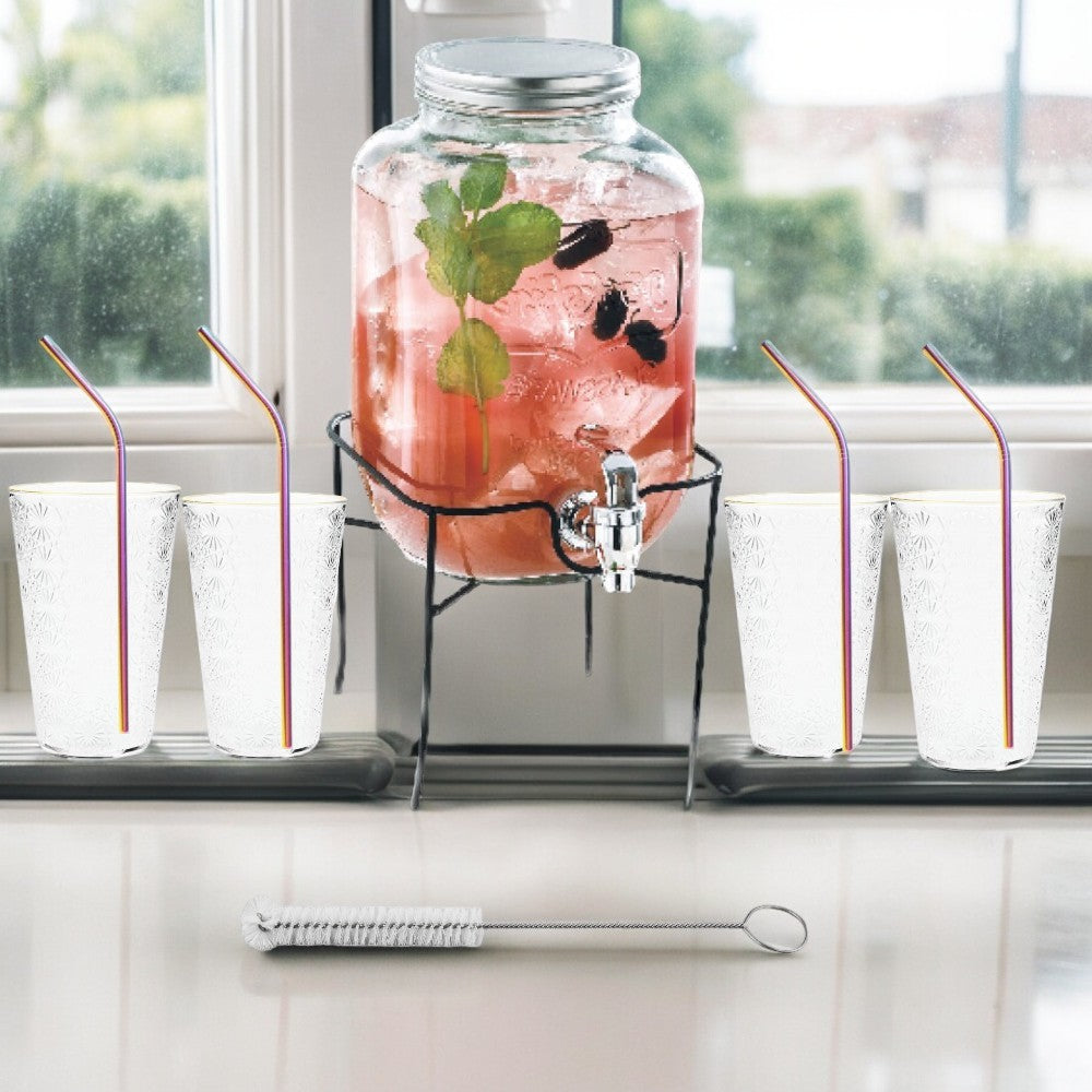 Borcan Dozator Bauturi cu Robinet, Capac si Suport Metalic , Dispenser Limonda si Sucuri, Sticla Transparenta, 4L + 4 Pahare Transparente 400 ml si 4 Paie Colorate Otel