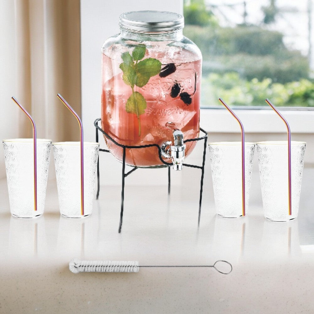 Borcan Dozator Bauturi cu Robinet, Capac si Suport Metalic , Dispenser Limonda si Sucuri, Sticla Transparenta, 4L + 4 Pahare Transparente 400 ml si 4 Paie Colorate Otel