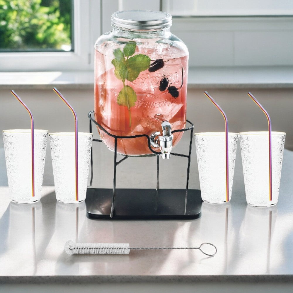 Borcan Dozator Bauturi cu Robinet, Capac si Suport Metalic , Dispenser Limonda si Sucuri, Sticla Transparenta, 4L + 4 Pahare Transparente 400 ml si 4 Paie Colorate Otel