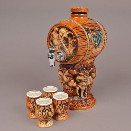 Butoi Ceramica cu suport Elefanti si 4 pahare, Ceramica, 2l
