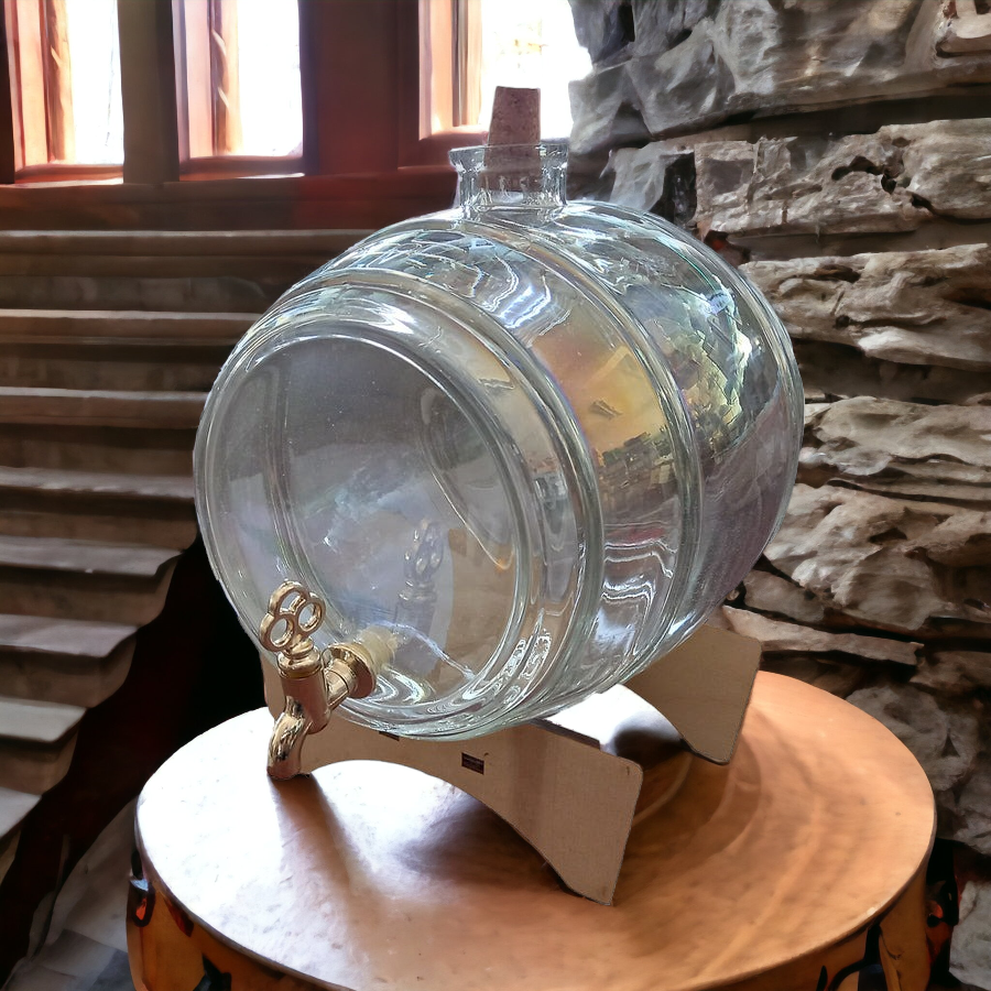 Butoi din sticla, cu robinet, pe suport din lemn