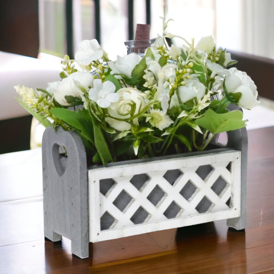 Aranjament artificial cu Trandafiri, in ghiveci din Lemn, Alb, 17x7x9 cm