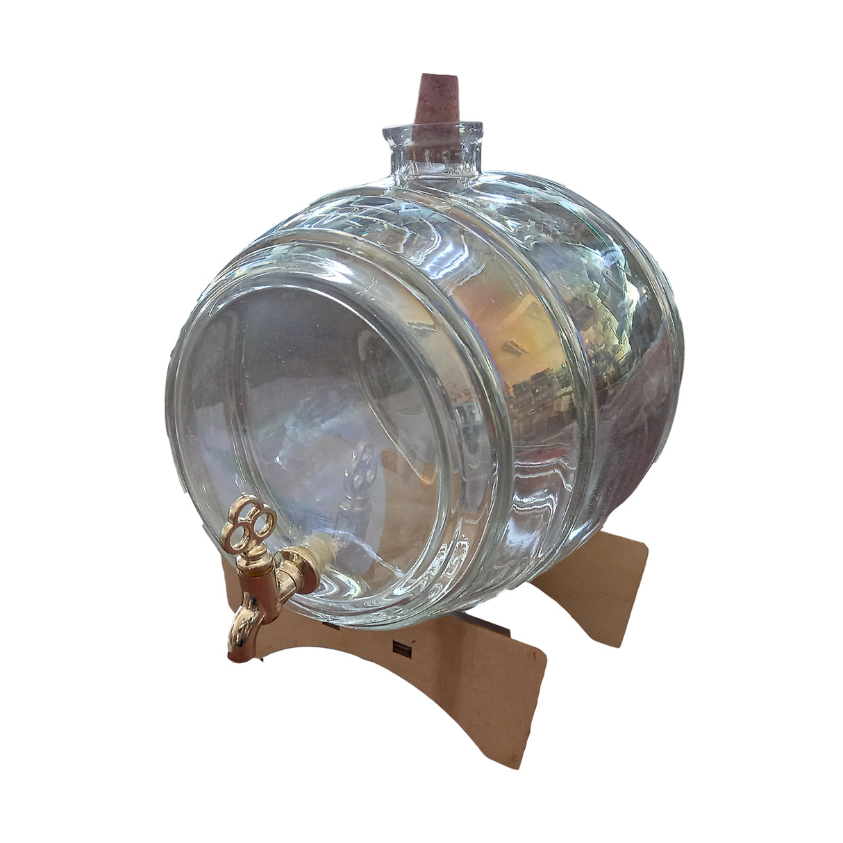 Butoi din sticla, cu robinet, pe suport din lemn, 5 L