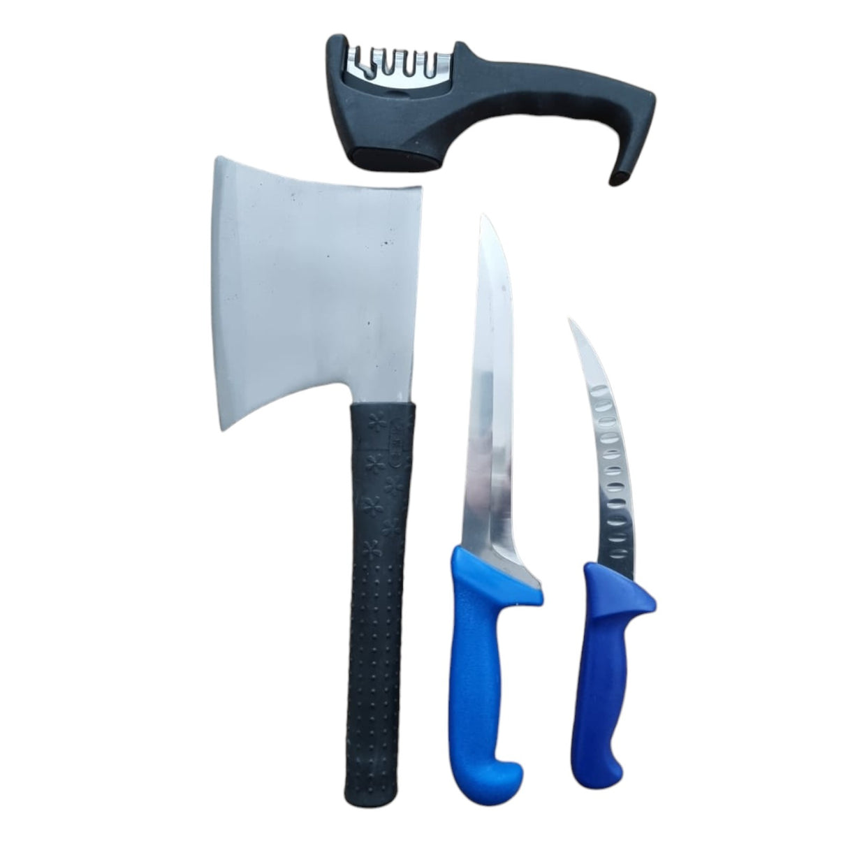 Set 2 cutite Macelarie 27,39 cm, Satar Otel 37 cm si Ascutitor Profesional