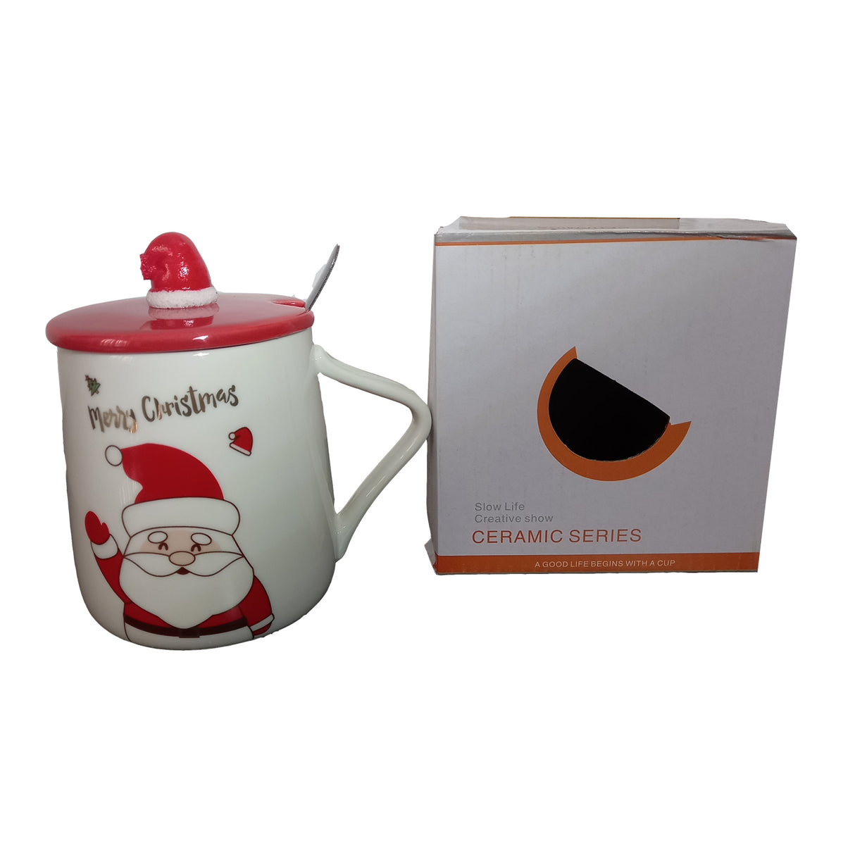 Cana Craciun cu Capac model Caciula si Lingurita, Ceramica, 300 ml