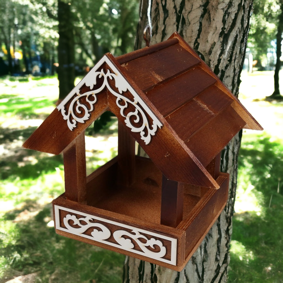 Casuta pentru Pasari, Lemn, Maro cu detalii Albe, 21x16x29 cm