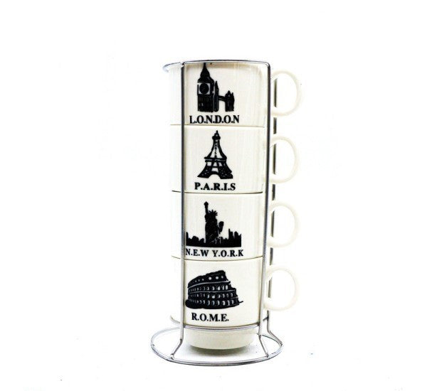 Set 4 cesti Cafea, Ceramica, cu suport din Inox