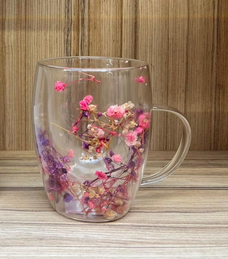 Cana cu Pereti Dubli din sticla termorezistenta , Flori Multicolore , 350 ml