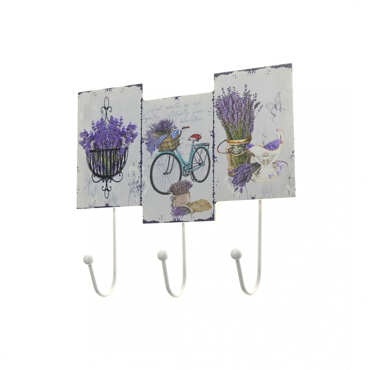 Cuier de perete cu 3 Brate, Lemn si Metal, Model Lavanda, 21x19 cm