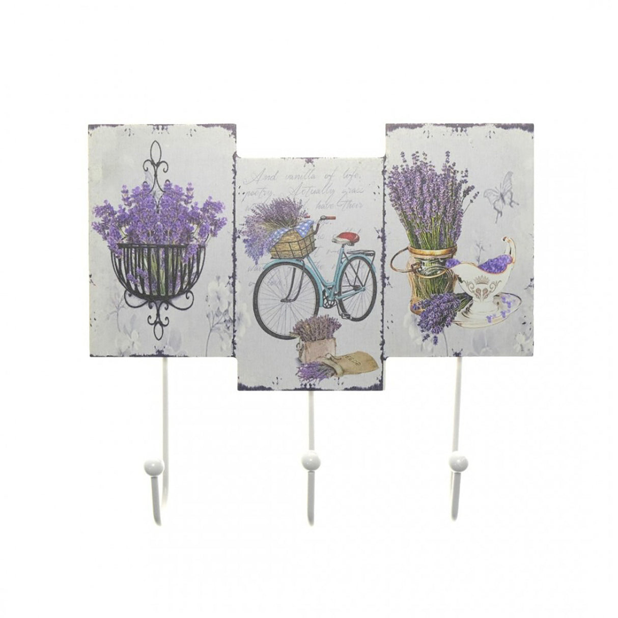 Cuier de perete cu 3 Brate, Lemn si Metal, Model Lavanda, 21x19 cm