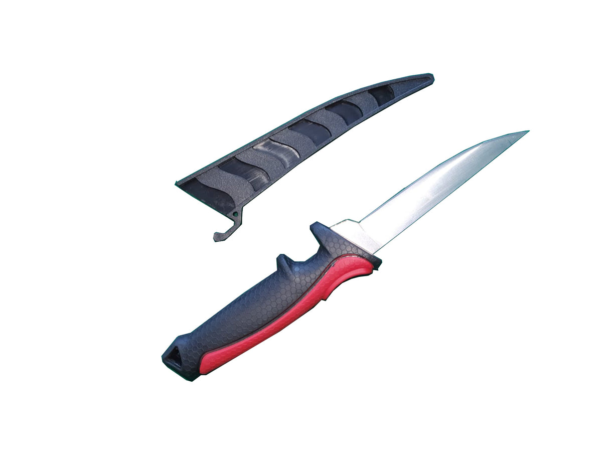 Cutitul Macelarului cu teaca neagra din plastic, maner rosu cu negru, Ringer, 27 cm , transare, dezosare, carne, teaca neagra, maner cauciuc, porc, pasare