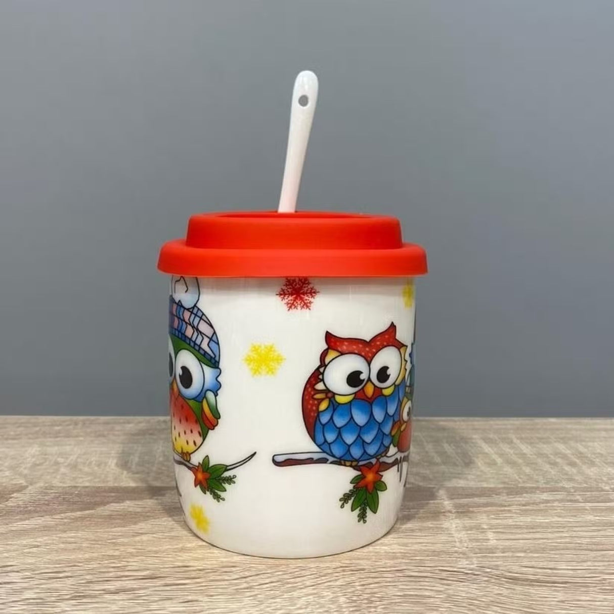 Cana ceramica model Bufnita cu capac silicon si lingurita ,370 ml