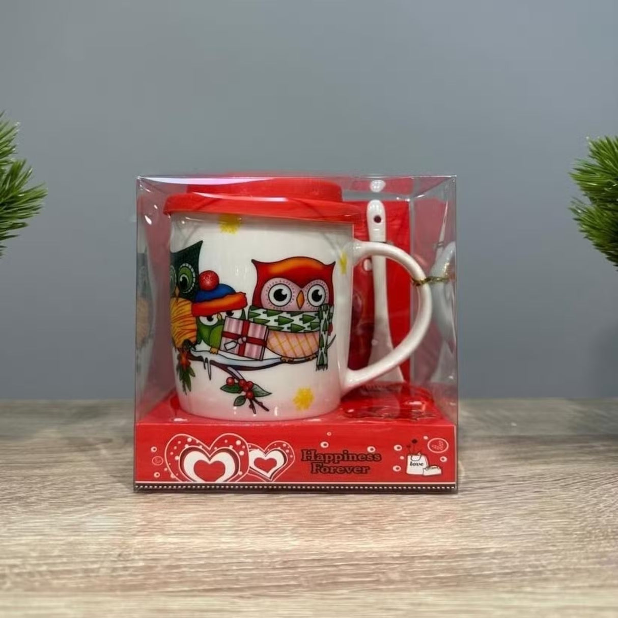 Cana ceramica model Bufnita cu capac silicon si lingurita ,370 ml