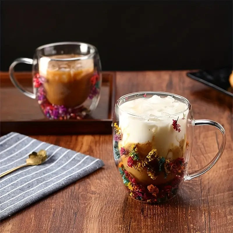 Cana cu Pereti Dubli din sticla termorezistenta , Flori Multicolore , 350 ml