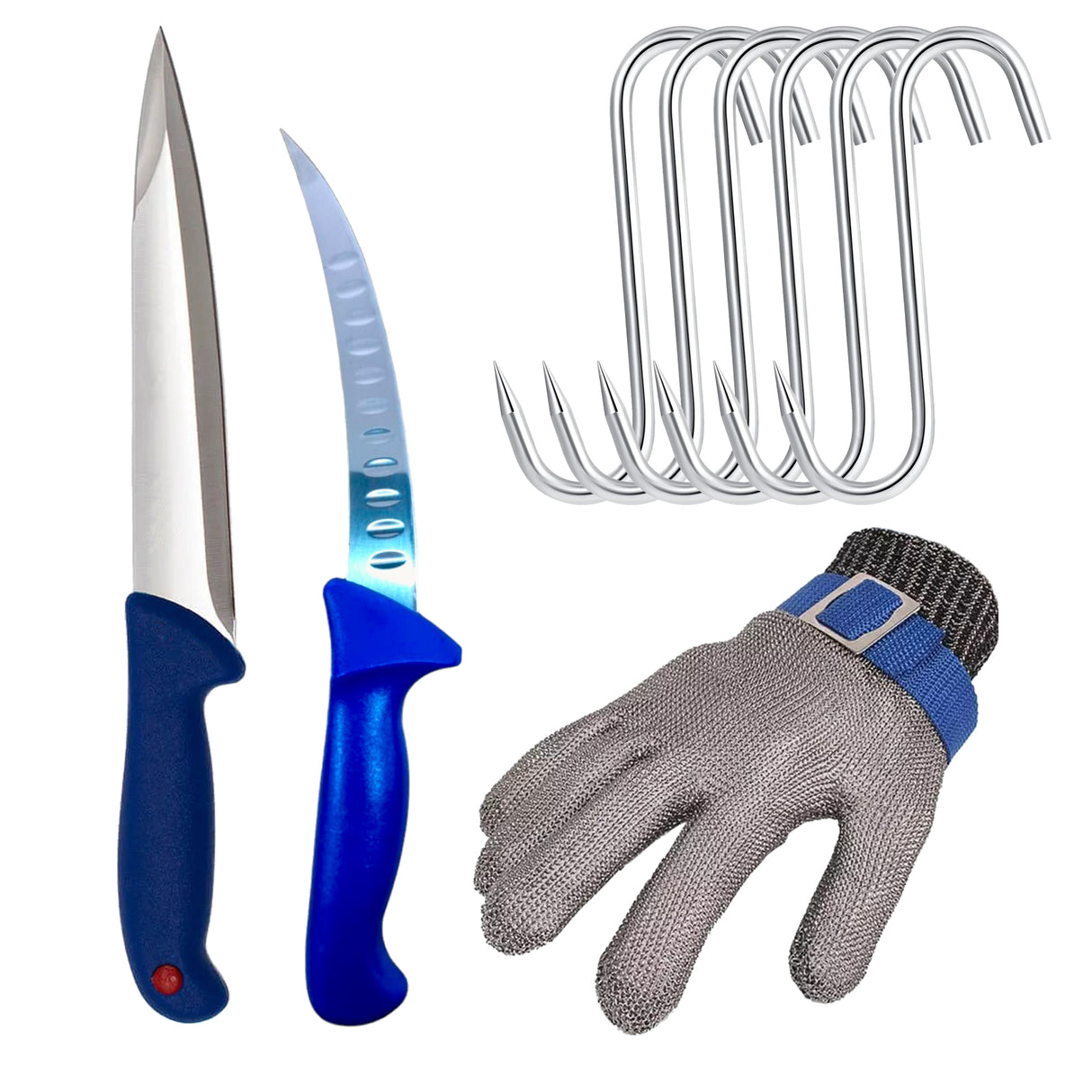 Set 2 Cutite, Manusa Macelarului din Plasa de Inox, 6 Carlige de Agatat Carne