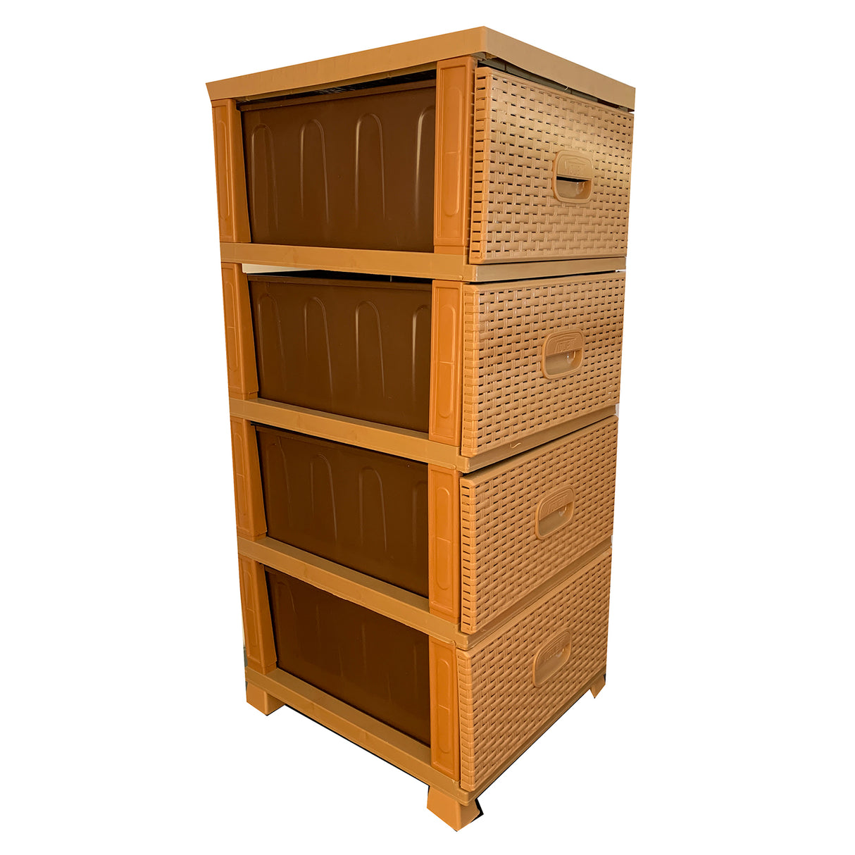 Dulap pentru Depozitare din Plastic cu 4 Sertare, Model tip Ratan, Maro deschis, 92x37x46 cm