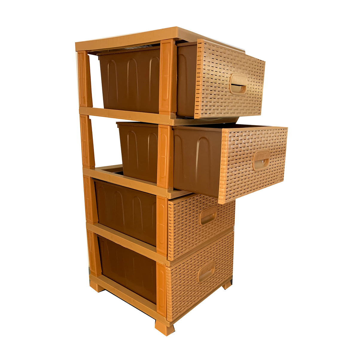 Dulap pentru Depozitare din Plastic cu 4 Sertare, Model tip Ratan, Maro deschis, 92x37x46 cm