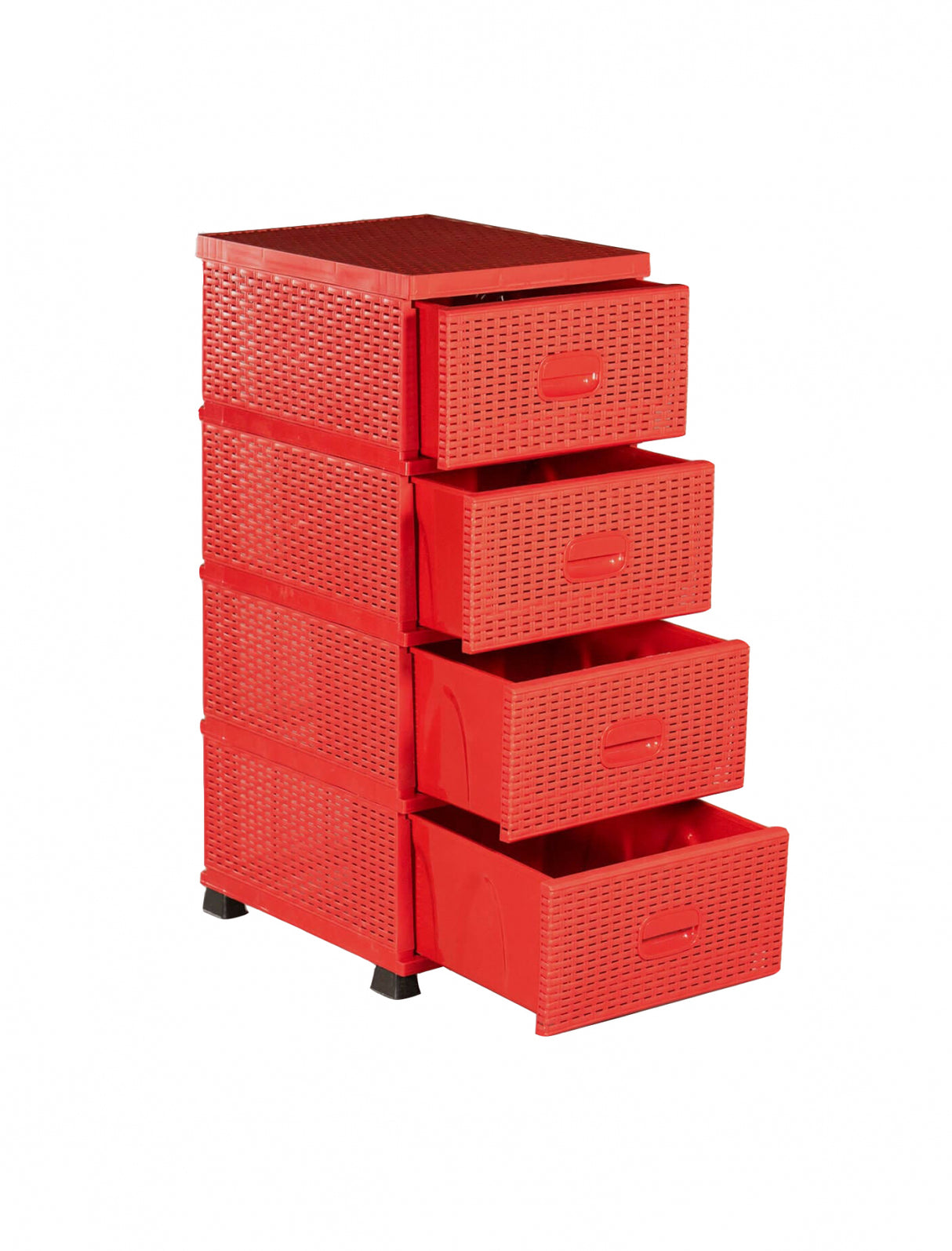 Dulap pentru Depozitare din Plastic cu 4 Sertare, Model tip Ratan, Rosu, 38x45x90 cm, bucatarie, baie.