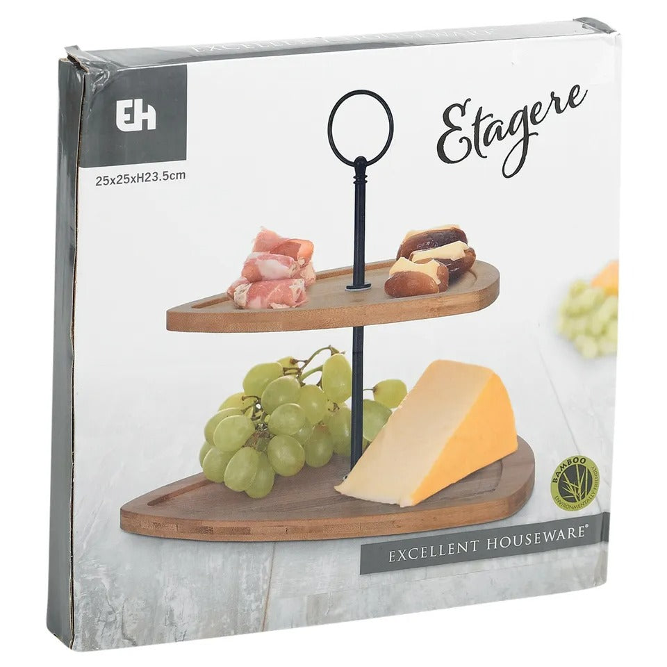 Suport de servire, cu 2 etaje, Lemn de bambus/Metal, Negru/Natural, 25 x 25 x 23.5 cm
