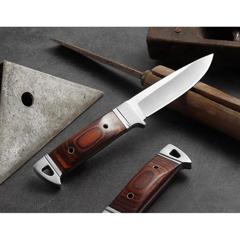 Cutit din Otel Inoxidabil , Maner din Lemn de Trandafir Rosu, cu Teaca Portabila, 19 cm, Lama 9.5 cm