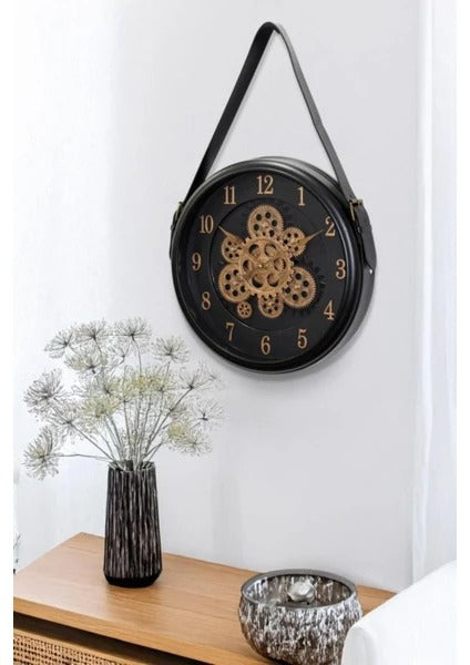 Ceas de perete elegant cu agatatoare curea de piele , Negru , 39 cm