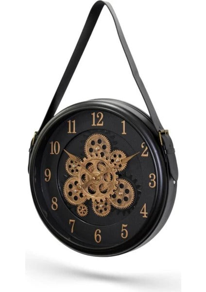 Ceas de perete elegant cu agatatoare curea de piele , Negru , 39 cm