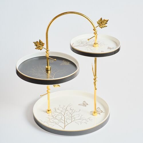 Set Etajat cu 3 Platouri Portelan si Suport Metalic Auriu, Luxury Collection