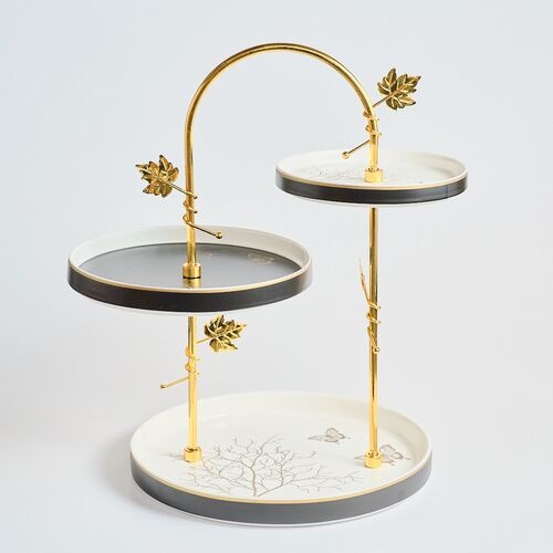 Set Etajat cu 3 Platouri Portelan si Suport Metalic Auriu, Luxury Collection