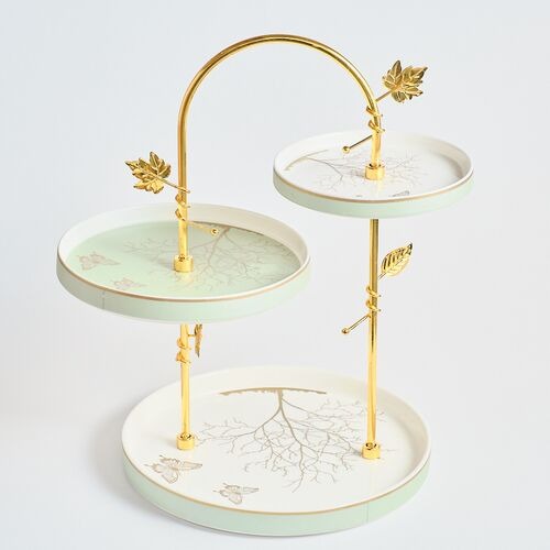 Set Etajat cu 3 Platouri Portelan si Suport Metalic Auriu, Luxury Collection