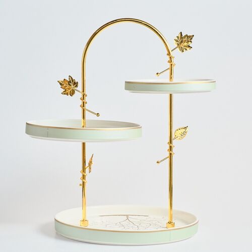 Set Etajat cu 3 Platouri Portelan si Suport Metalic Auriu, Luxury Collection