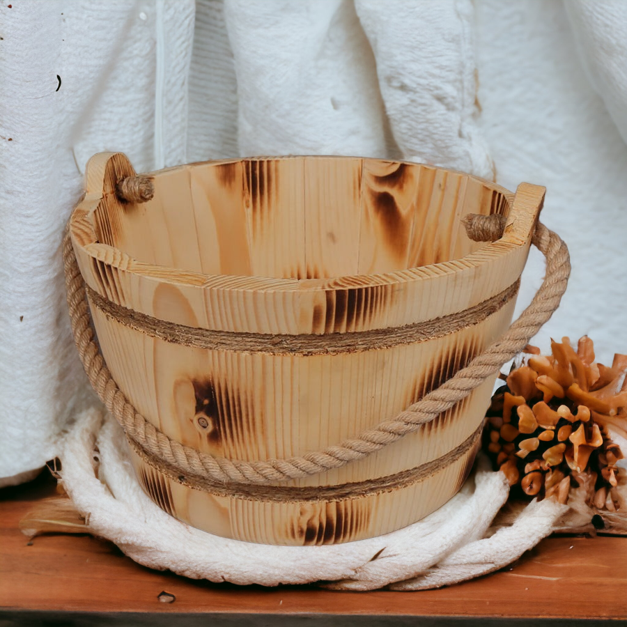 Galeata din Lemn pentru Sauna, cu maner din Sfoara/ Toarta, 24x15 cm, 5l