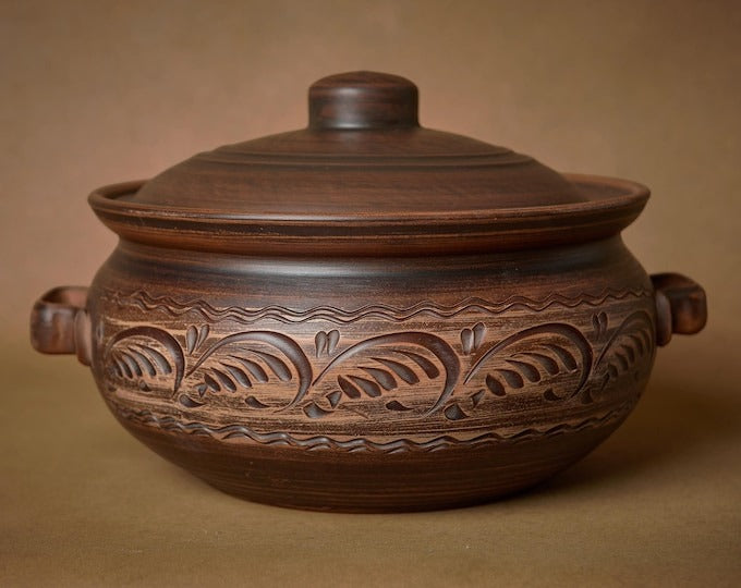 Oala pentru cuptor cu Manere si Capac din Angob,Lut Rosu