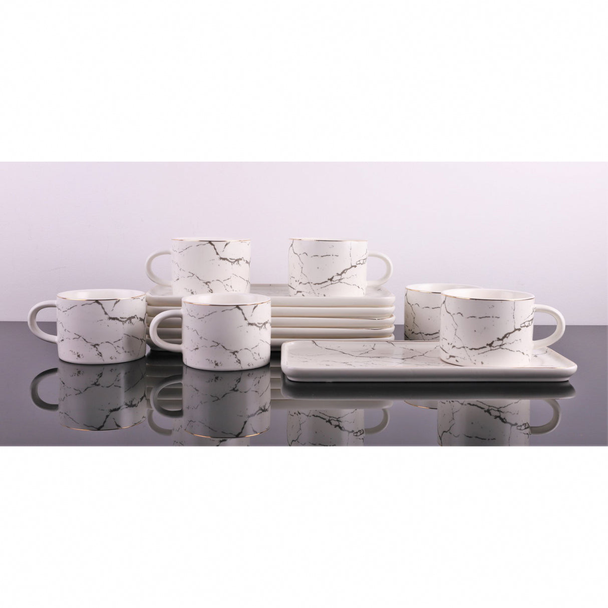 Set 6 cesti Cafea sau Ceai cu farfurioare incluse, Ceramica fina, Model Marmura Alba