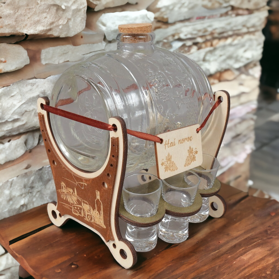 Butoi de sticla cu 6 pahare pe suport din Lemn, 1l