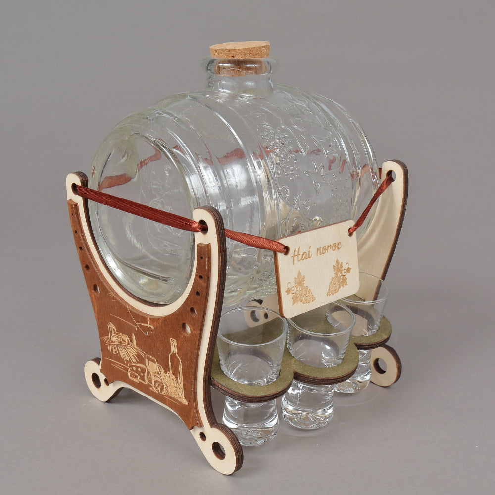 Butoi de sticla cu 6 pahare pe suport din Lemn, 1l