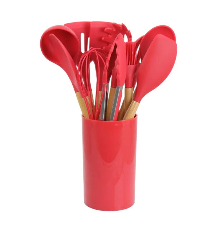 Set 12 ustensile din silicon pentru gatit cu maner din bambus rezistent