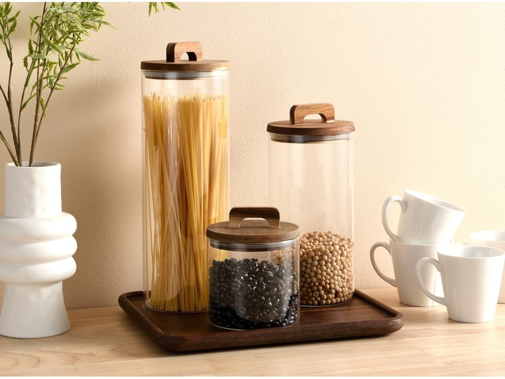 Recipient Depozitare Alimente cu Capac, Etans, Sticla si Lemn, dimensiuni individuale