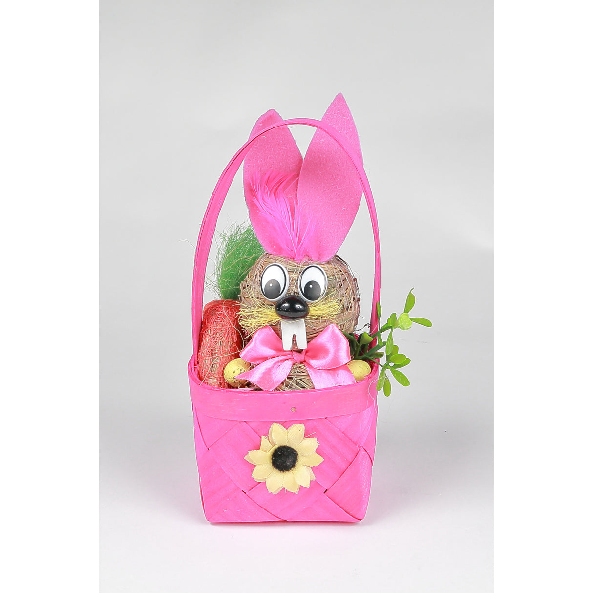 Iepuras Paste decorativ din Paie, in Cos, Roz, 24 cm