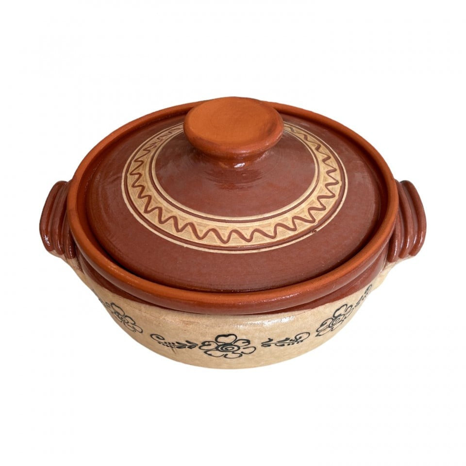Oala din Lut pentru sarmale,Smaltuita,5 L, Pictata