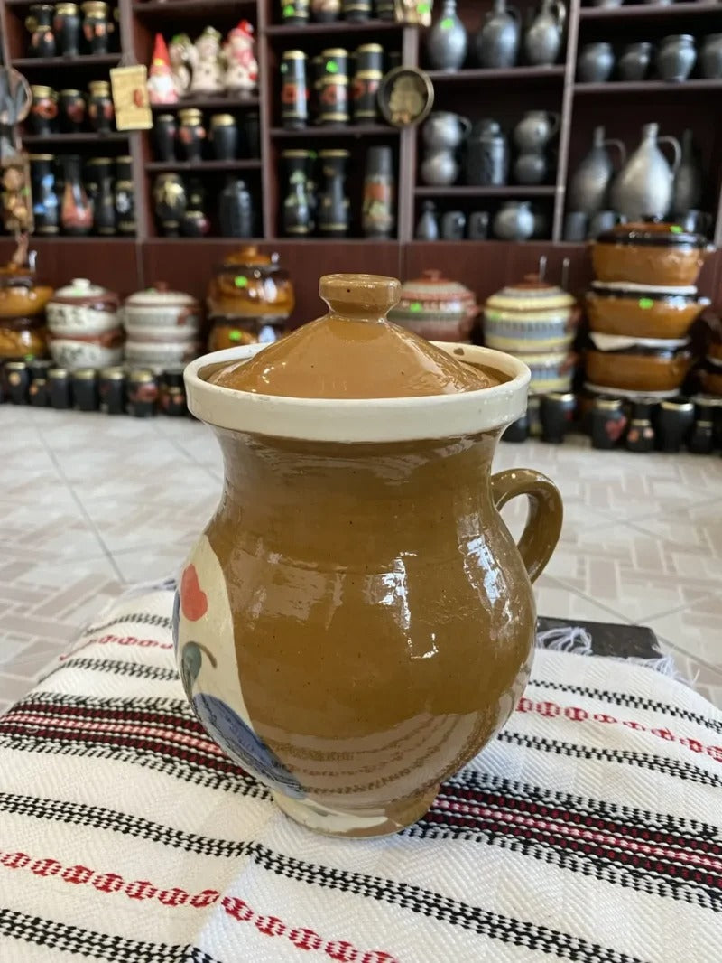 Ulcior Lapte din lut cu Capac, pictat Manual