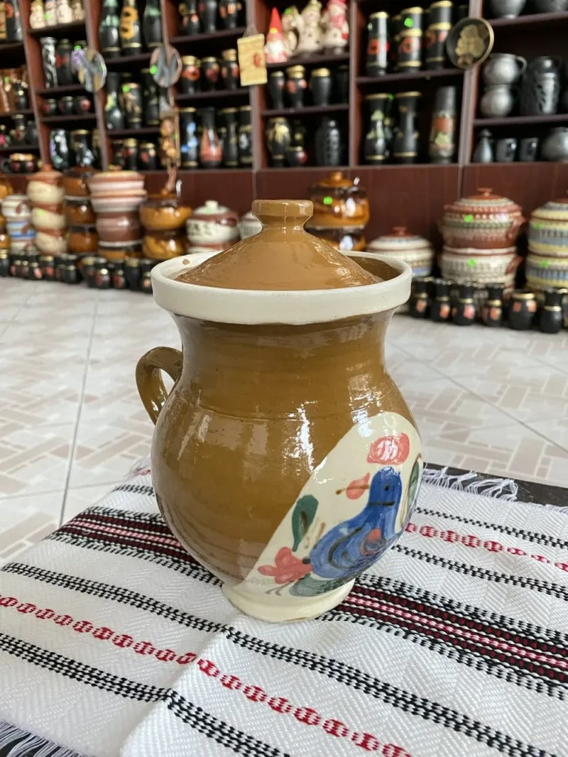 Ulcior Lapte din lut cu Capac, pictat Manual