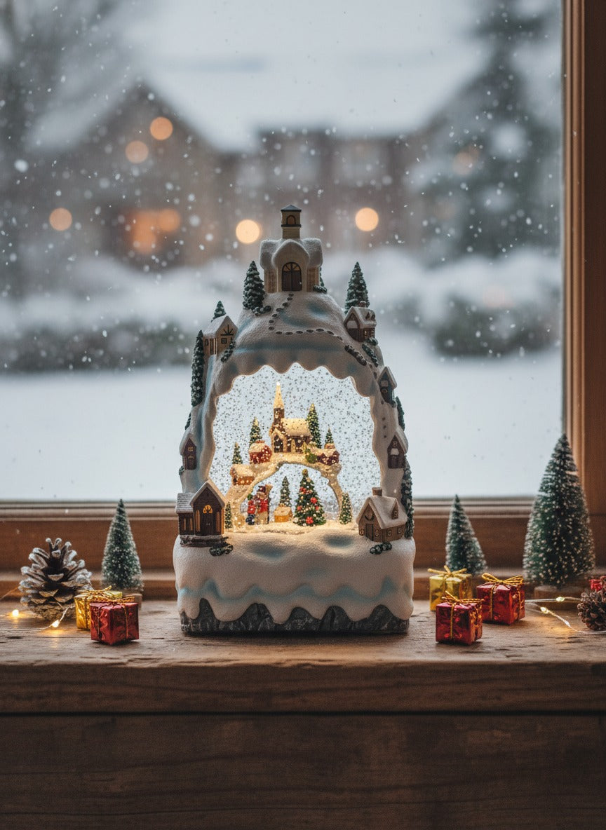 Decoratiune Muzicala - Casa de Anul Nou cu om de zapada, cu apa si scilipic miscator , 28x15 x10 cm